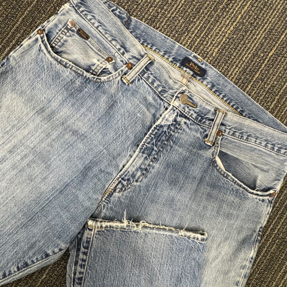 Polo Ralph Lauren Jeans Mens 36x32 Blue Good Distressed Light Wash Straight Leg
